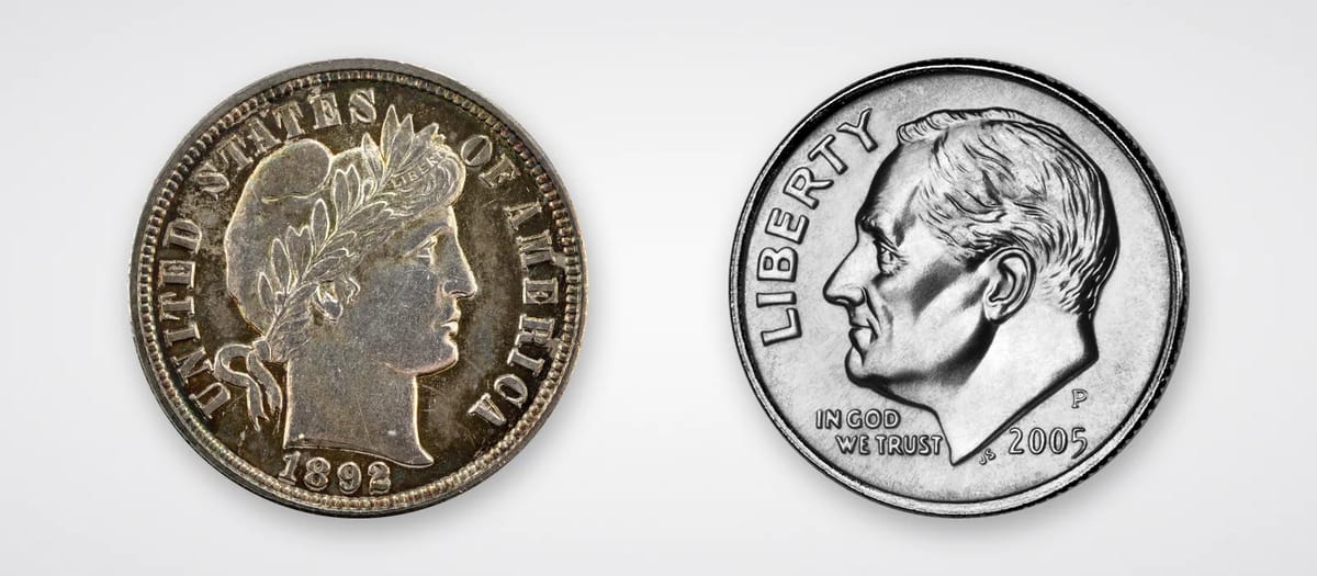 An 1892 Barber dime (90% silver) beside a 2005-P Roosevelt dime (copper-nickel clad)