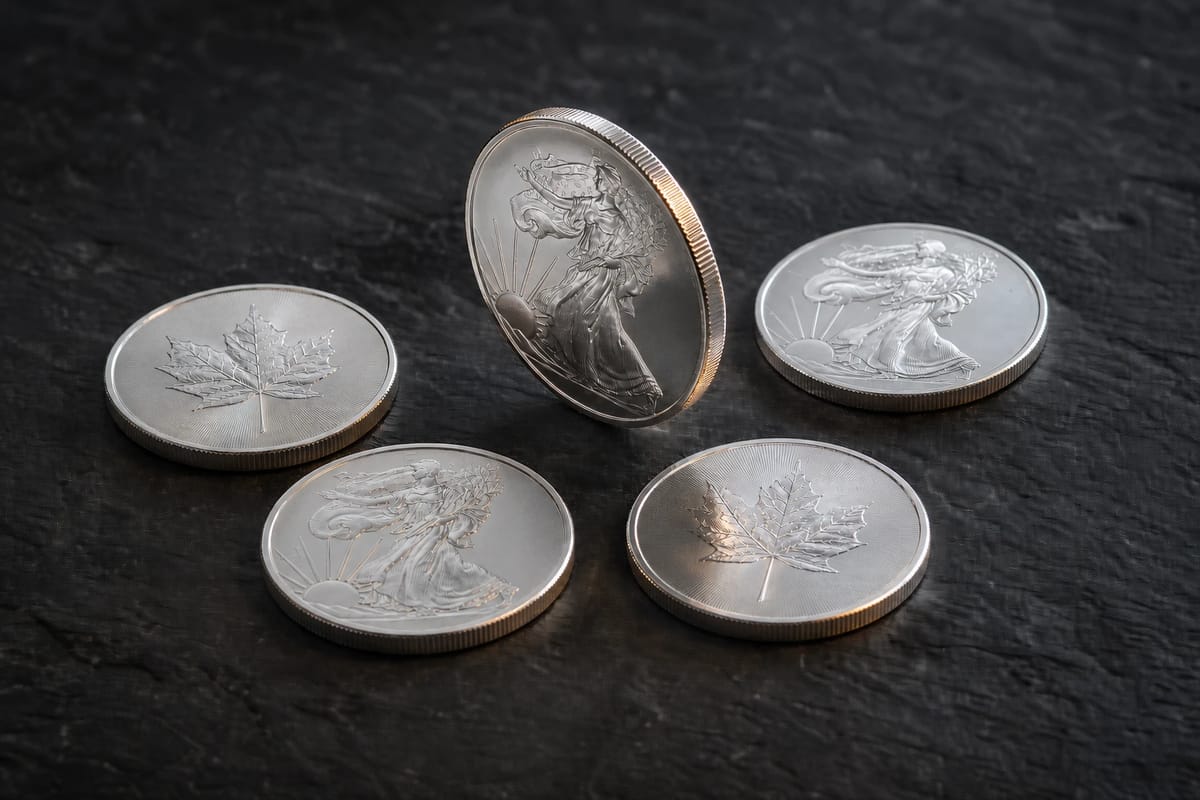 Government silver bullion coins on dark slate