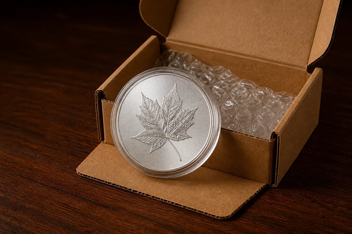 Silver coin in a protective capsule on a shipping box