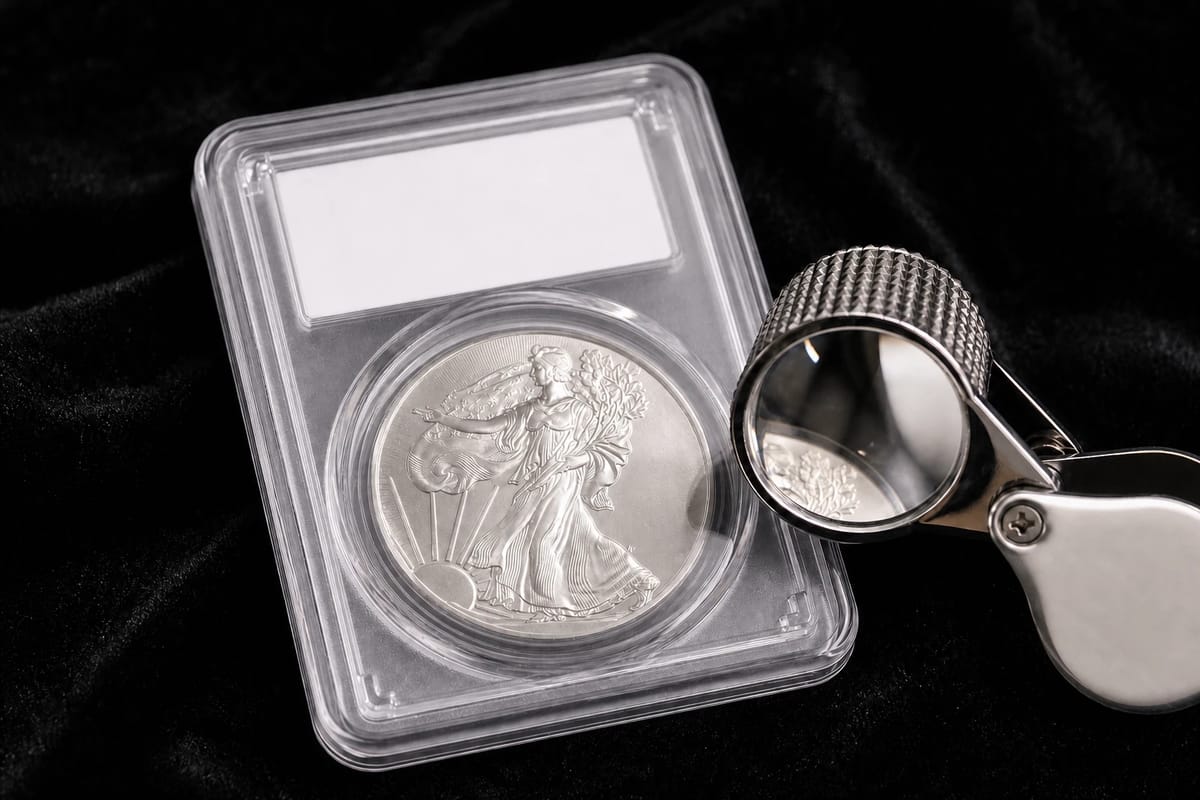 Encapsulated silver coin with a jewelers loupe