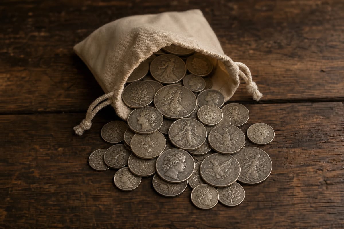 Worn 90% US silver coins spilling from a canvas bag