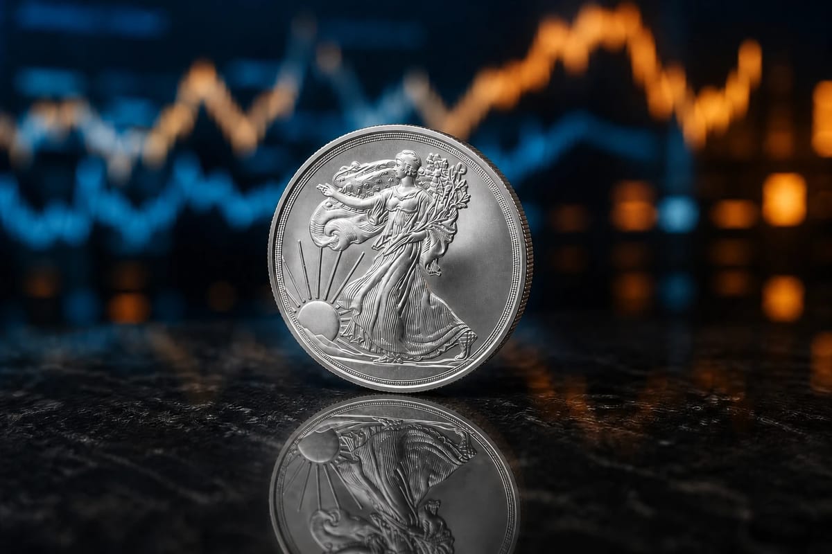 Silver bullion coin with a market price chart behind it