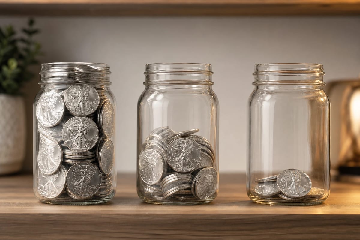 Three jars of silver coins at different fill levels — allocation buckets