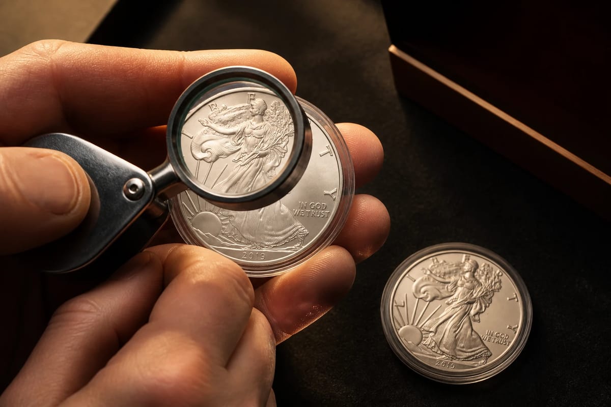 Inspecting a silver coin with a loupe before buying