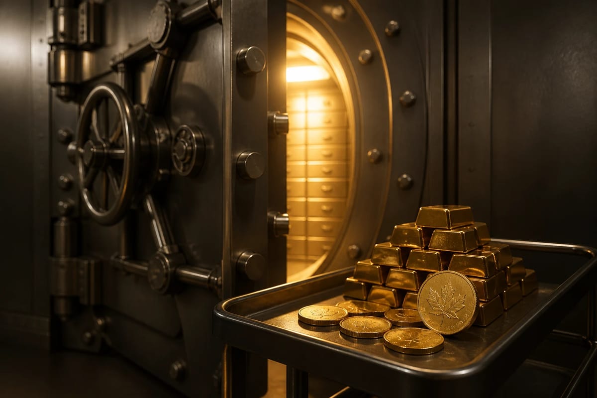 A vault door ajar over a cart of gold bars