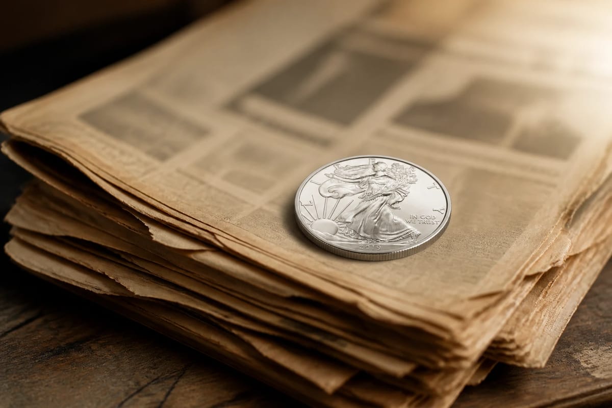 A silver coin resting on a stack of old newspapers