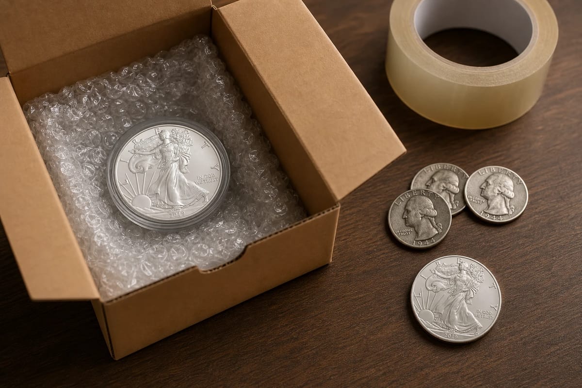Packing silver for a sale: tube, bubble wrap, and small coins