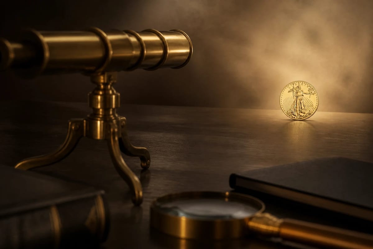 A desk telescope aimed at a distant gold coin — reading forecasts