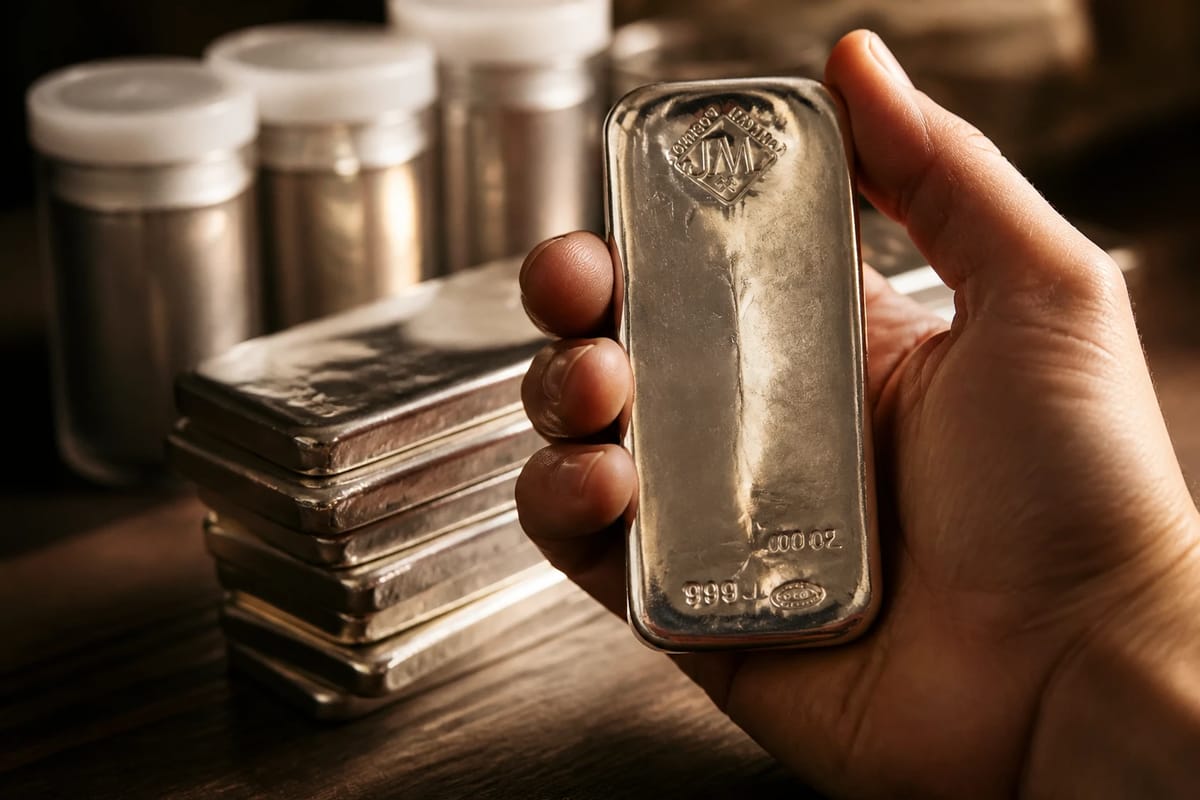 Lifting a 10 oz silver bar from a stack, coin tubes in the background