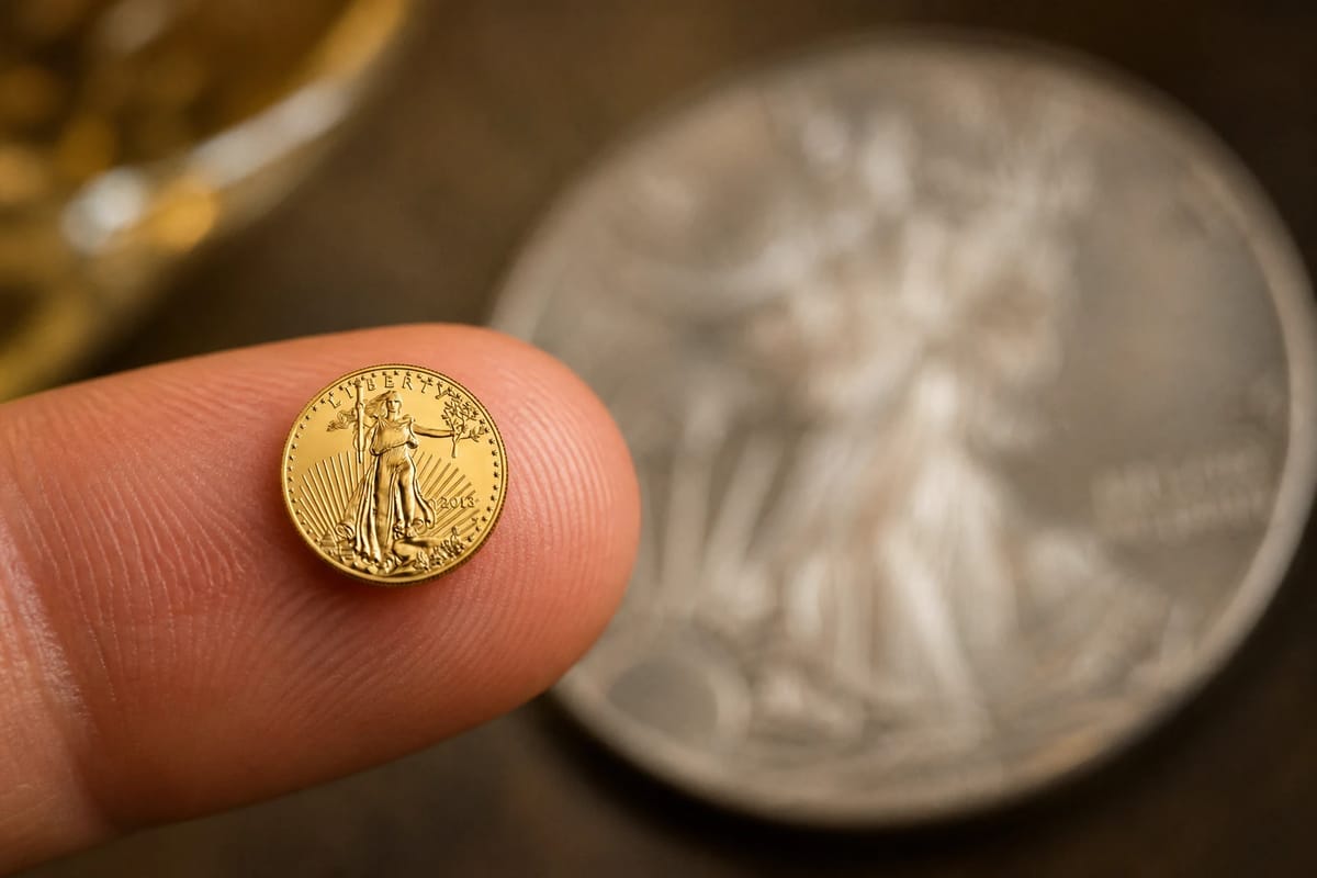 A tenth-ounce gold coin balanced on a fingertip