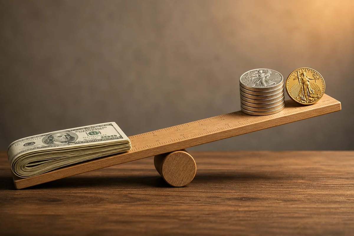 A seesaw of cash against a small stack of silver and gold — sensible allocation