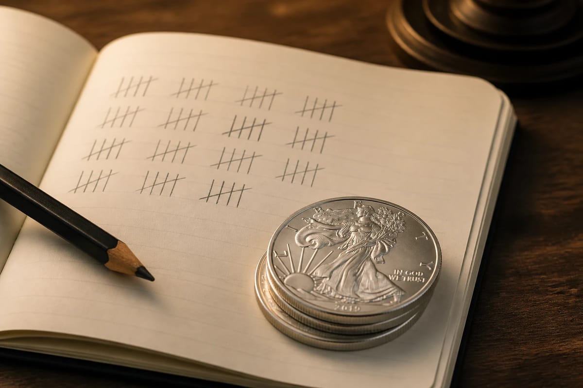 A notebook of tally marks beside a short stack of silver — counting ounces