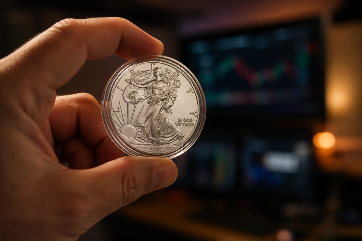 A silver coin in hand, trading screens blurred behind it