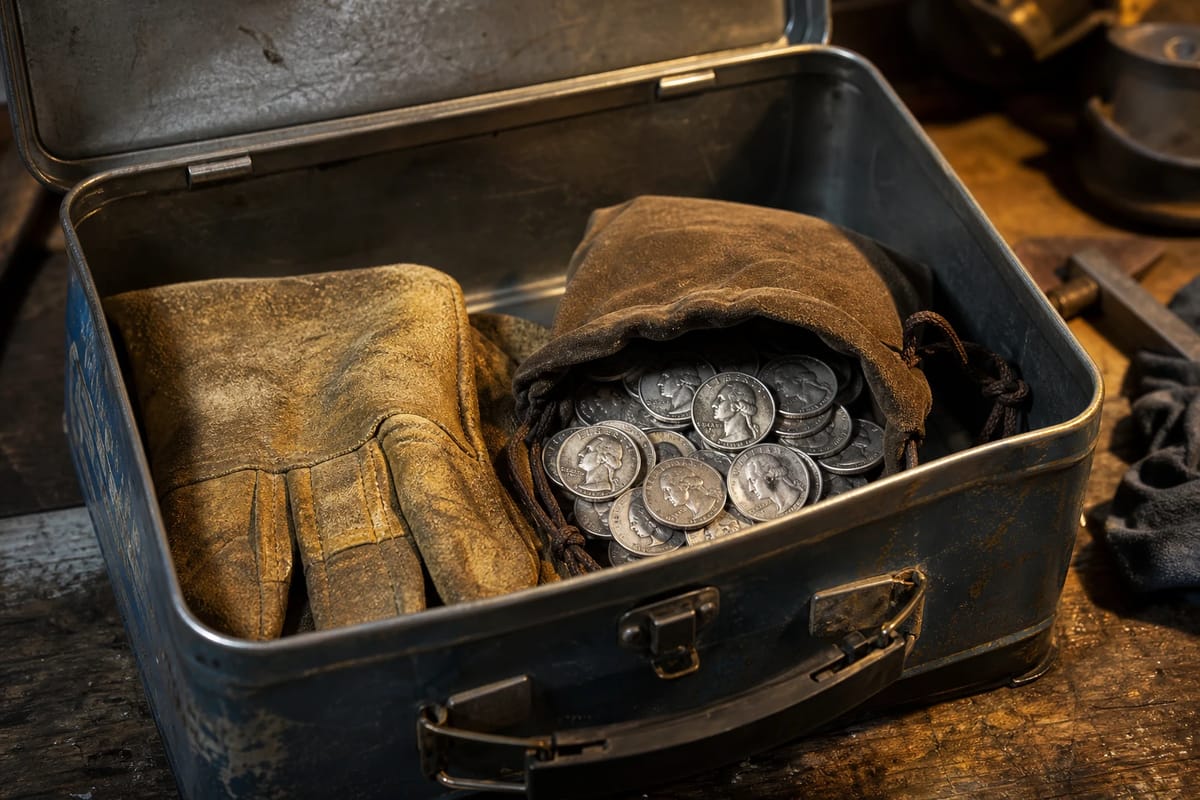 A lunchbox with a pouch of worn 90% silver beside work gloves