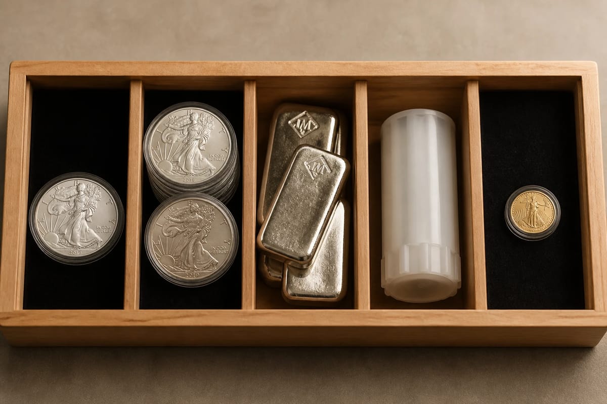 A collector's drawer filling up left to right — the stacker phases