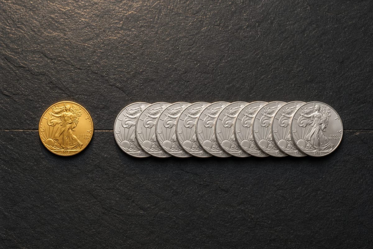 One gold coin beside a row of ten silver coins — the 10-to-1 rule as physical metal