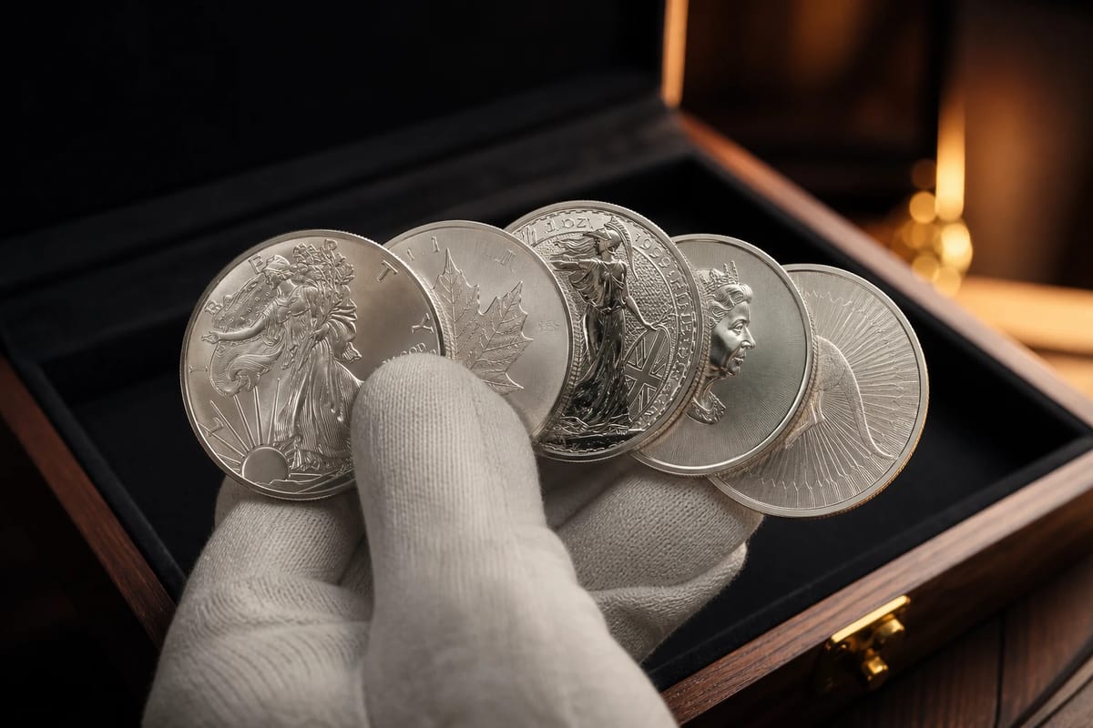 Five sovereign silver coins fanned in gloved fingers