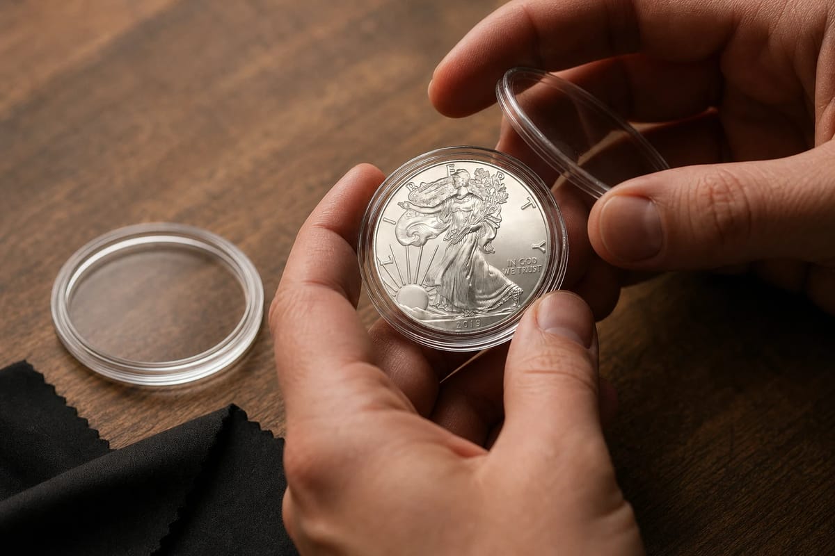 Snapping a capsule closed around a silver eagle