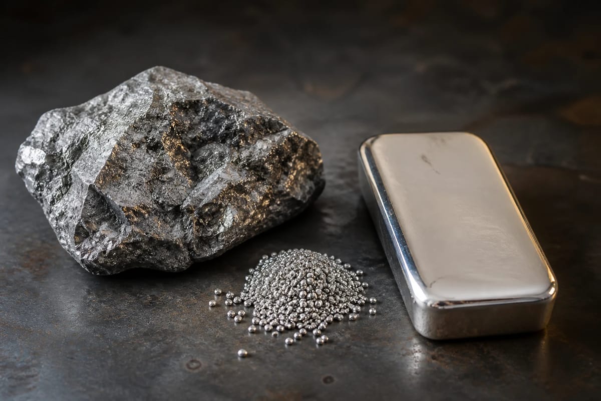 Raw silver ore beside a refined bar — supply that can't be rushed