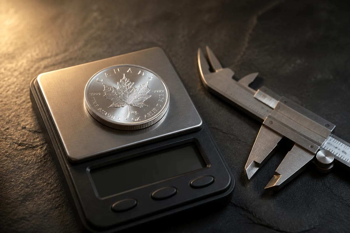 A silver Maple Leaf on a jeweler's scale with calipers beside it