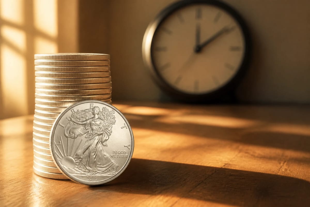 A coin stack casting a long sundial shadow