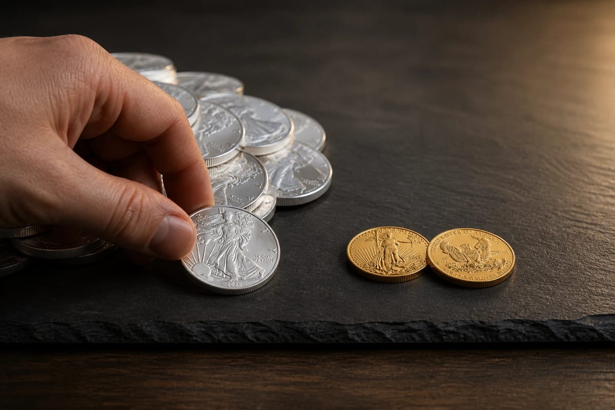 Sliding a silver coin toward the gold pile — rebalancing in motion