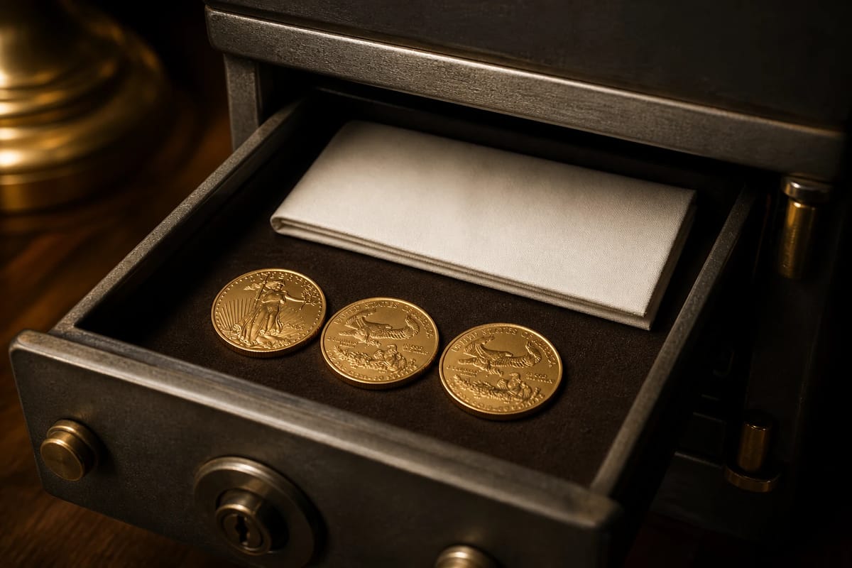 A home safe drawer with a modest row of gold coins