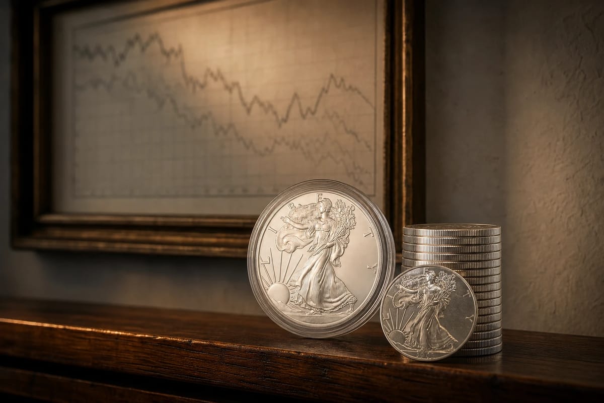 A faded framed chart above a shelf of bright modern silver