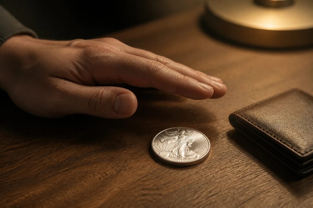 A hand pausing above a coin beside a closed wallet — restraint