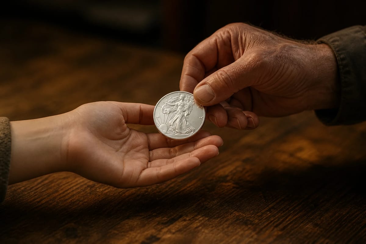 An older hand passing a silver coin to a younger one