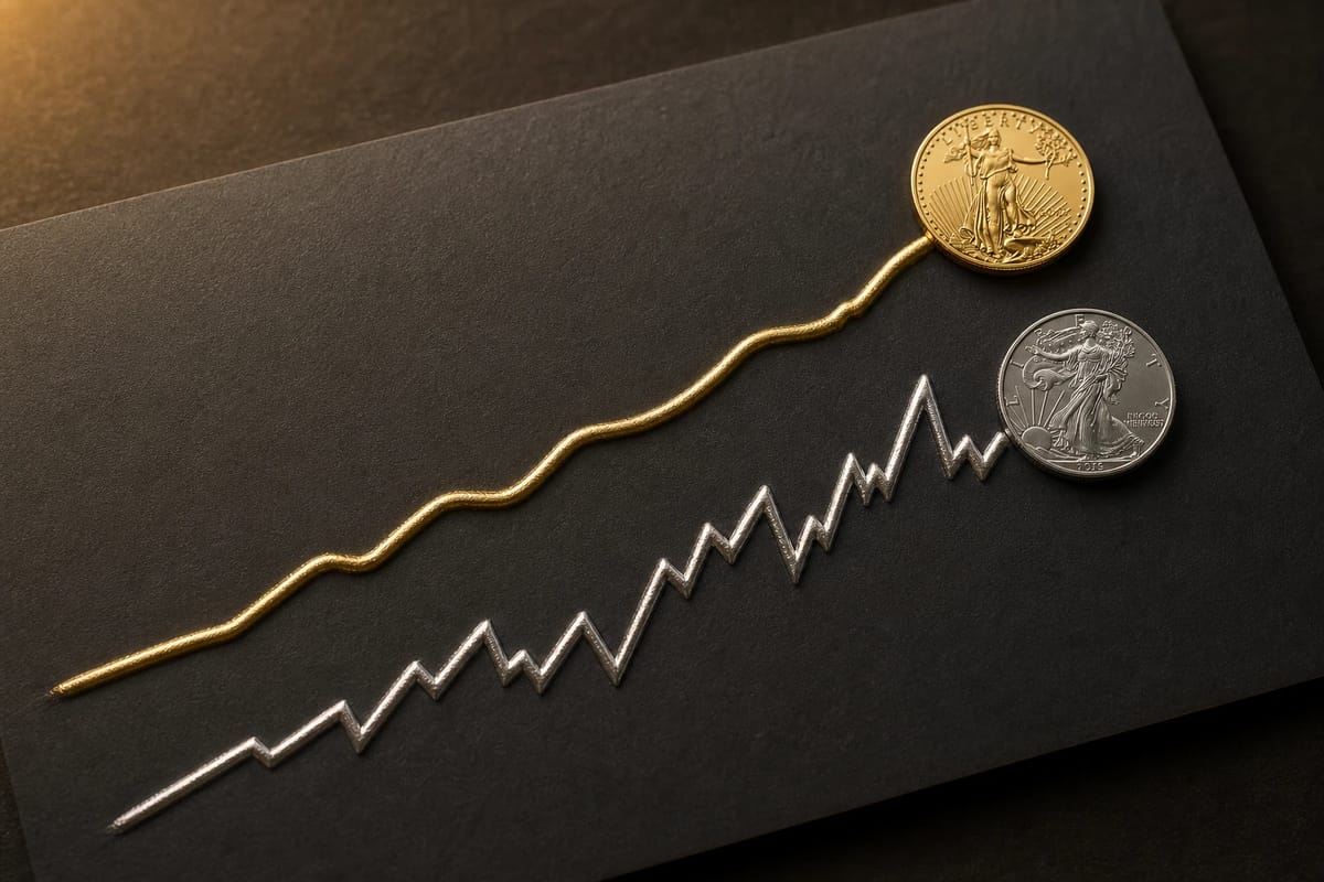 A calm gold trend line and a wild silver one, each ending in its coin