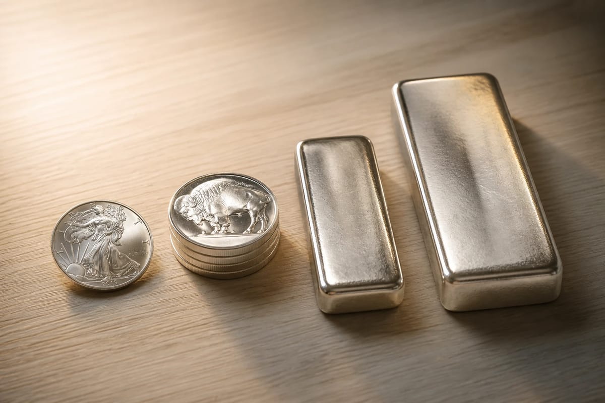 Coin, rounds, 1 oz bar, 10 oz bar — the efficiency ladder