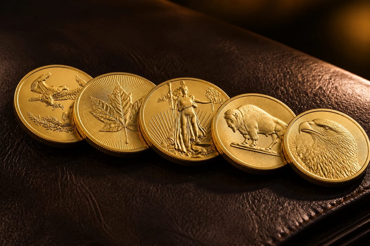 Five gold bullion coins fanned on dark leather