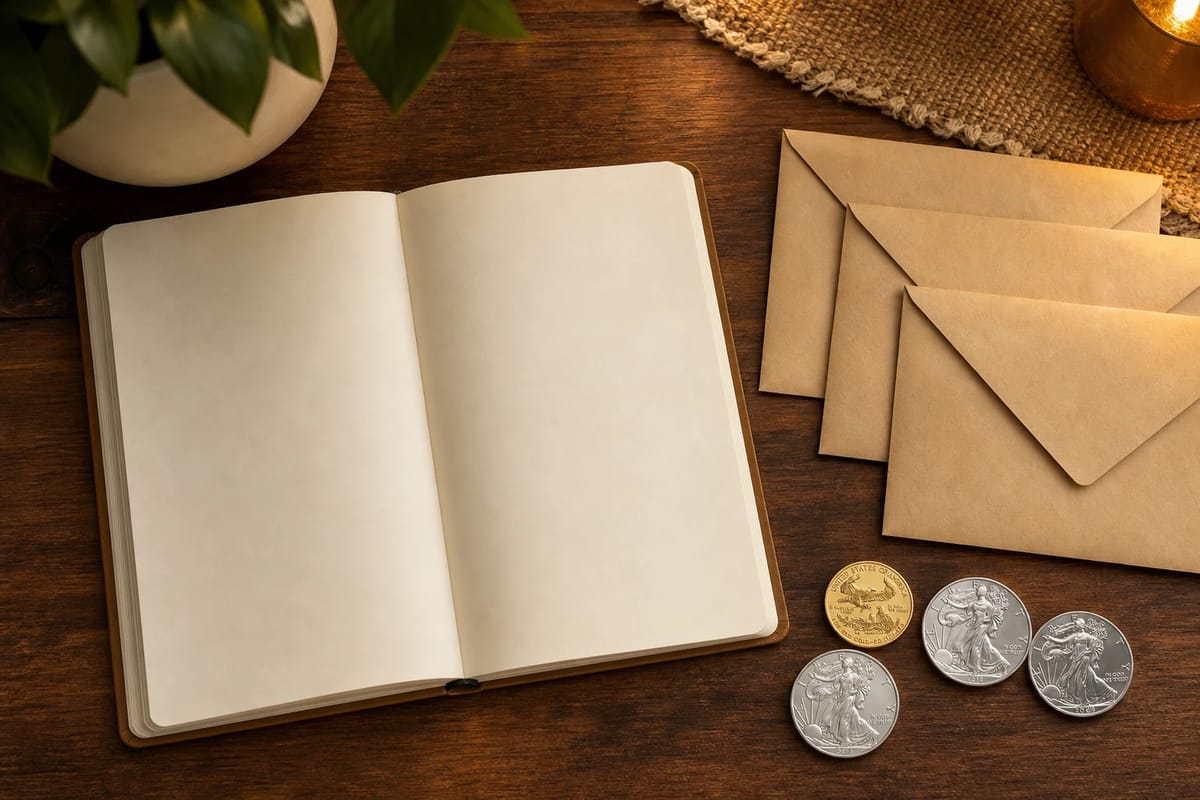 A budgeting flat-lay with metals in their planned corner
