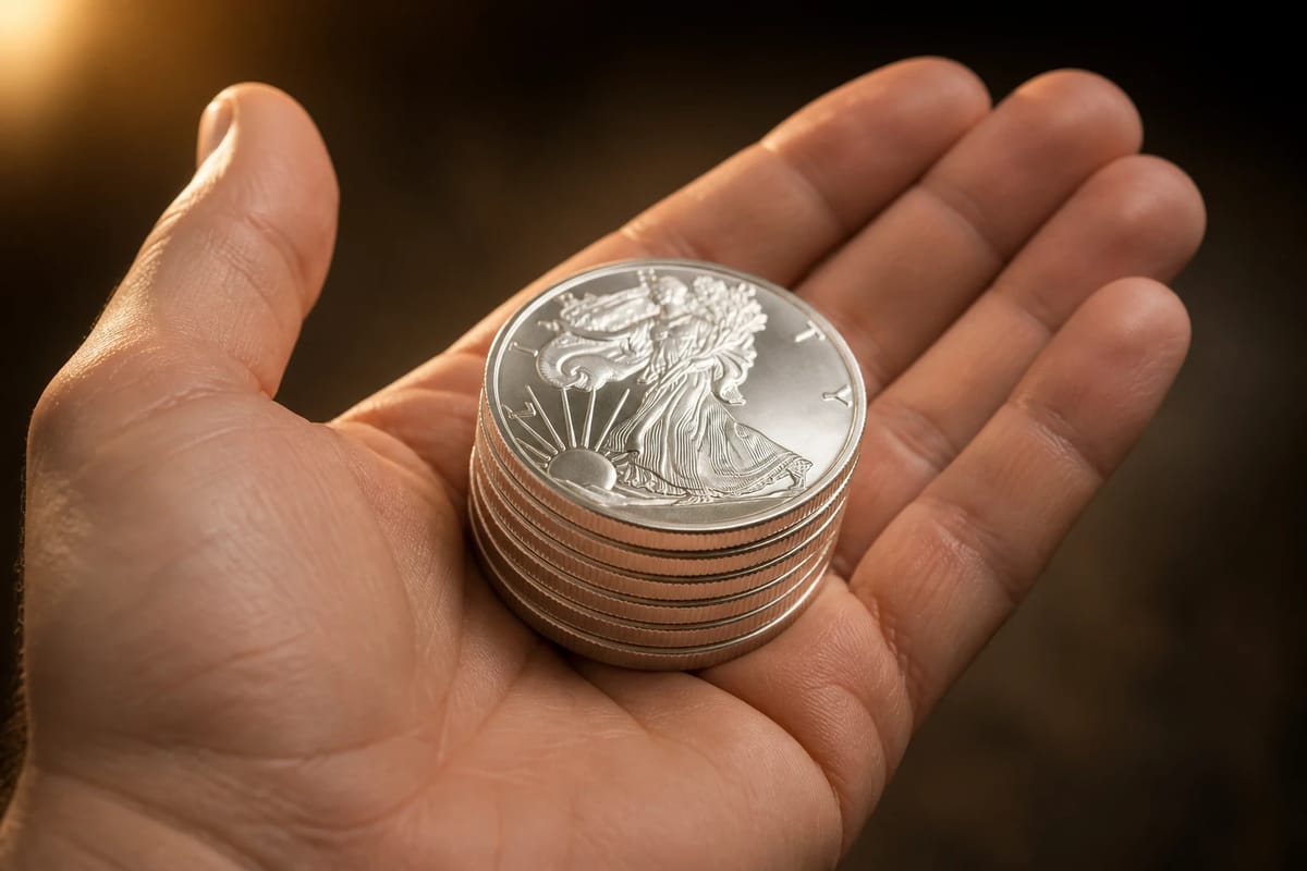 Ten ounces of silver held in an open palm