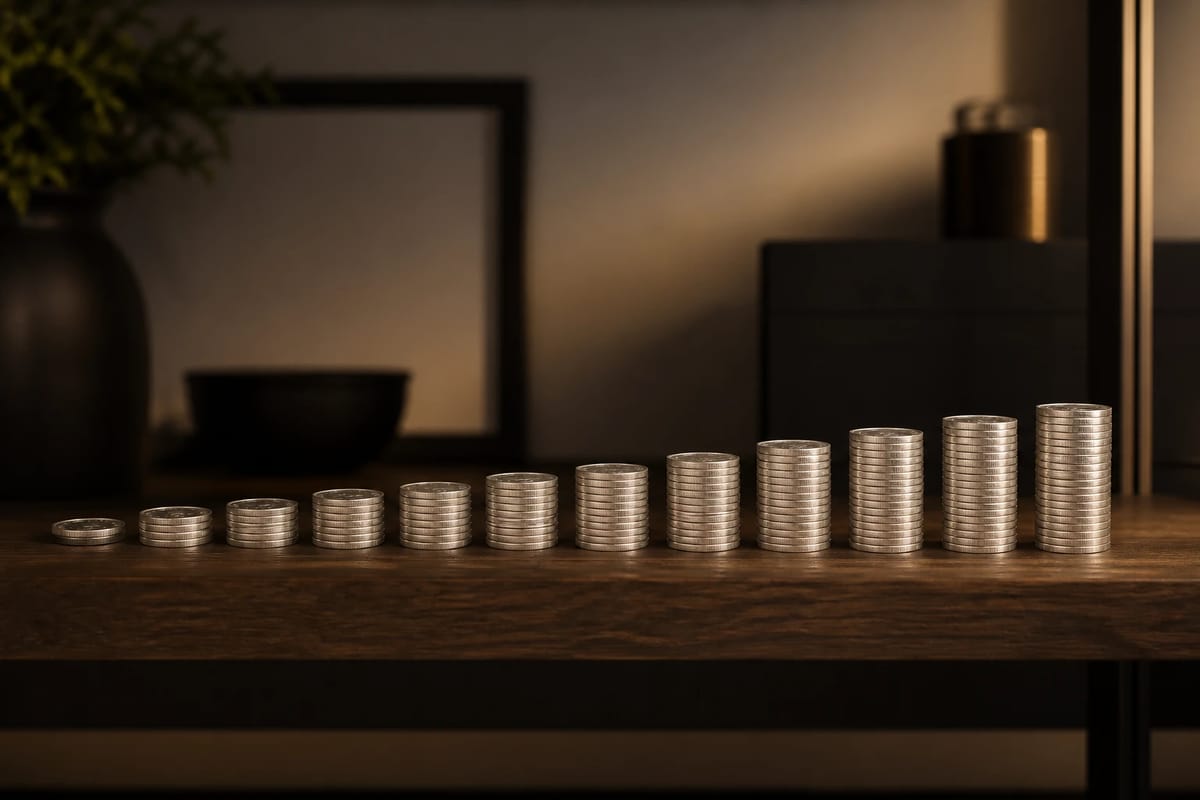 Twelve small coin stacks in a row, each taller than the last