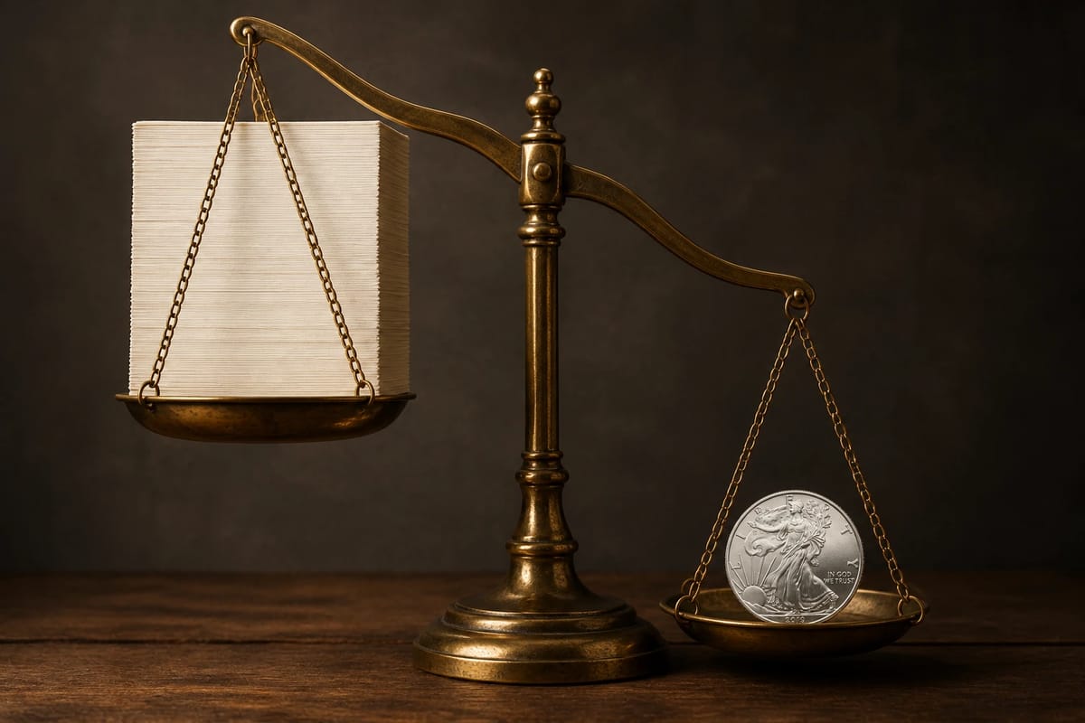 A scale where one silver coin outweighs a stack of paper certificates
