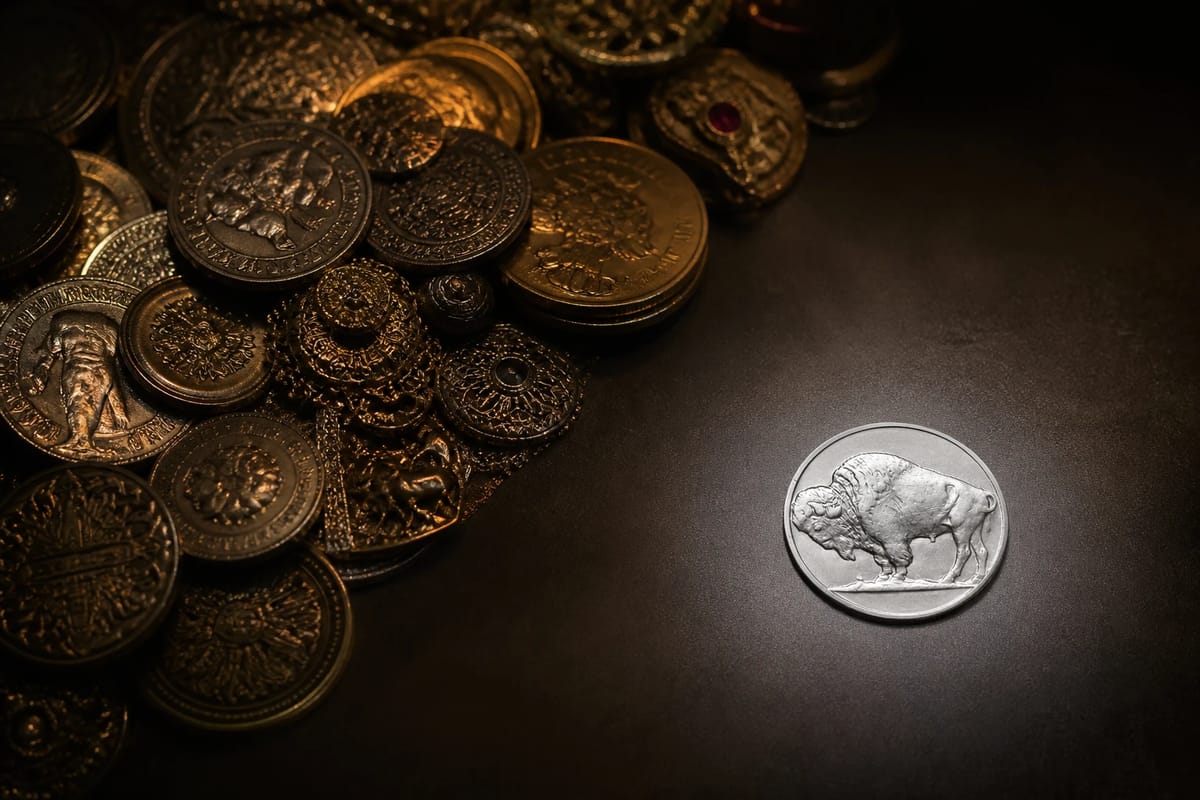 A glittering pile of exotic coins in shadow while one plain round sits in the spotlight
