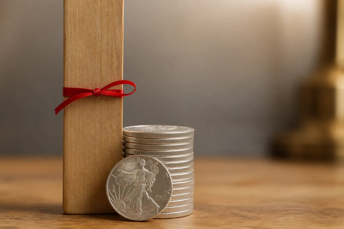 A coin stack against a ruler with a red ribbon marking the ceiling
