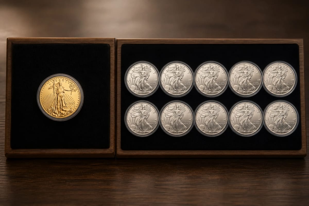 One gold coin and ten silver coins on paired display trays