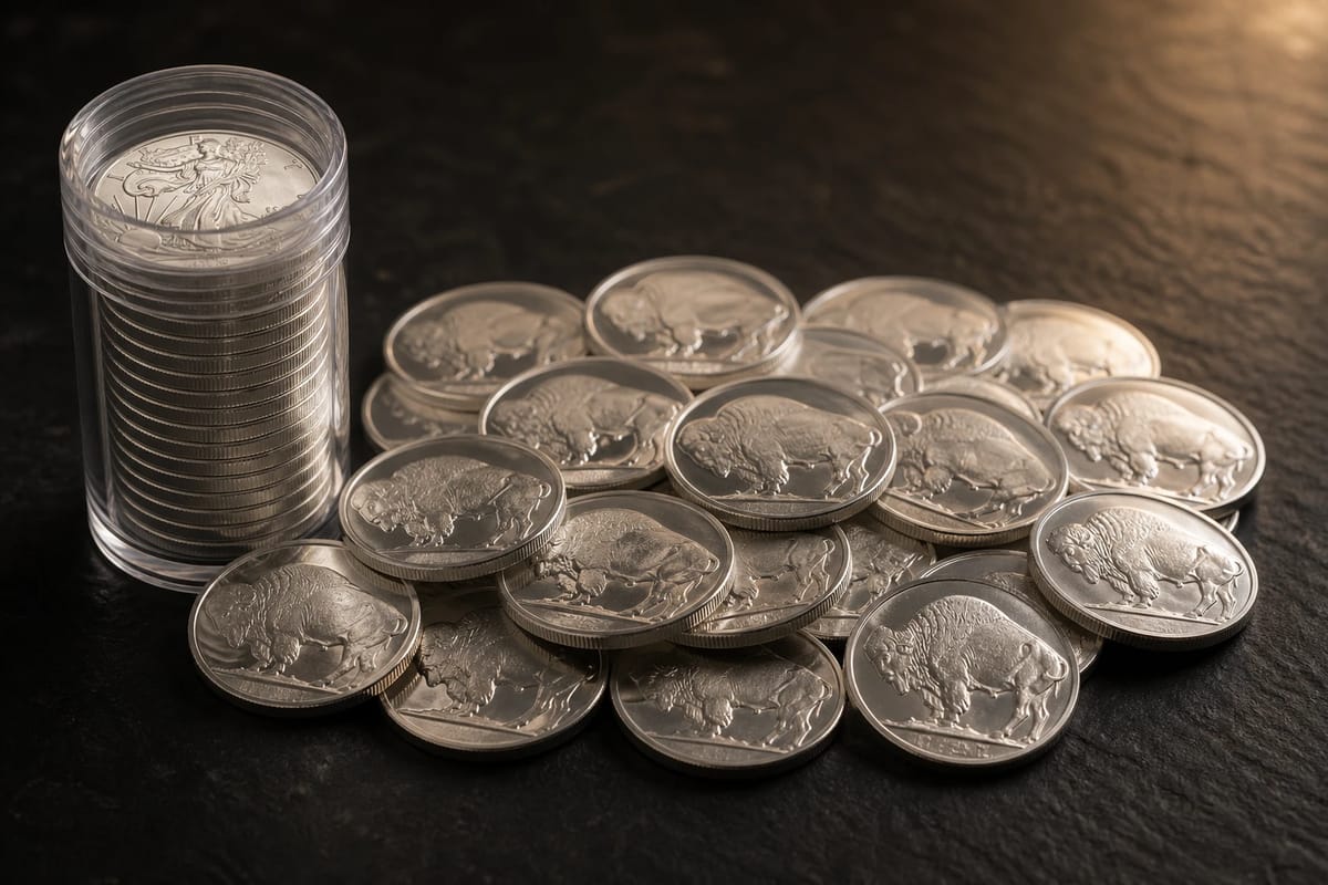 One tube of sovereign coins beside a much larger pile of generic rounds — the 80/20 mix