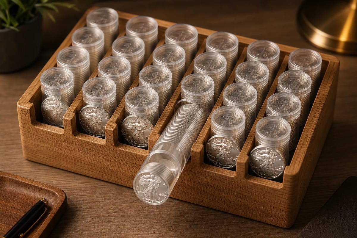 Mint tubes standing in tidy rows in a wooden organizer
