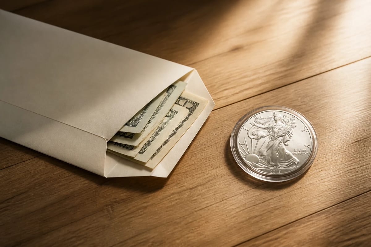 A payday envelope and one silver coin set apart — pay yourself first