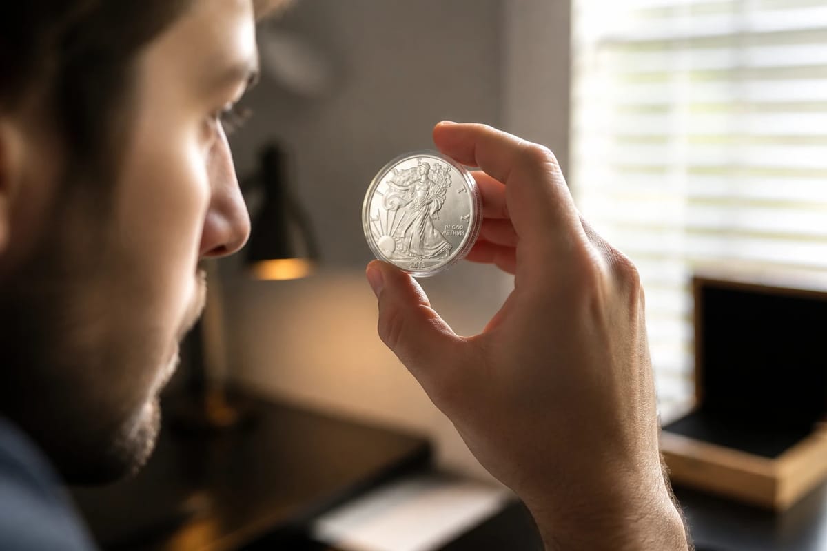 Examining a silver coin's edge against window light