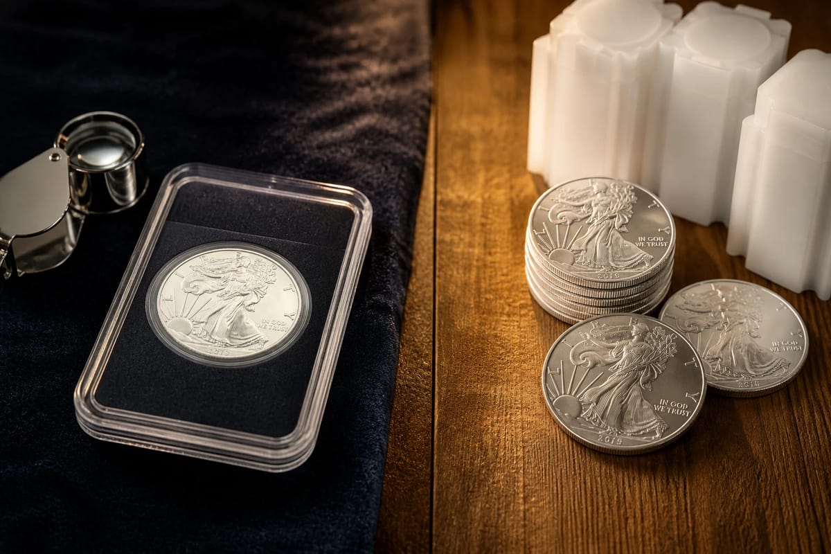 A graded collectible on velvet beside plain bullion tubes — two hobbies, one table