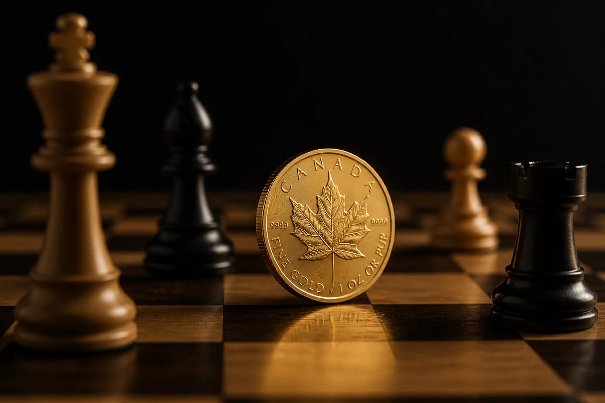 A gold coin on a chessboard mid-game