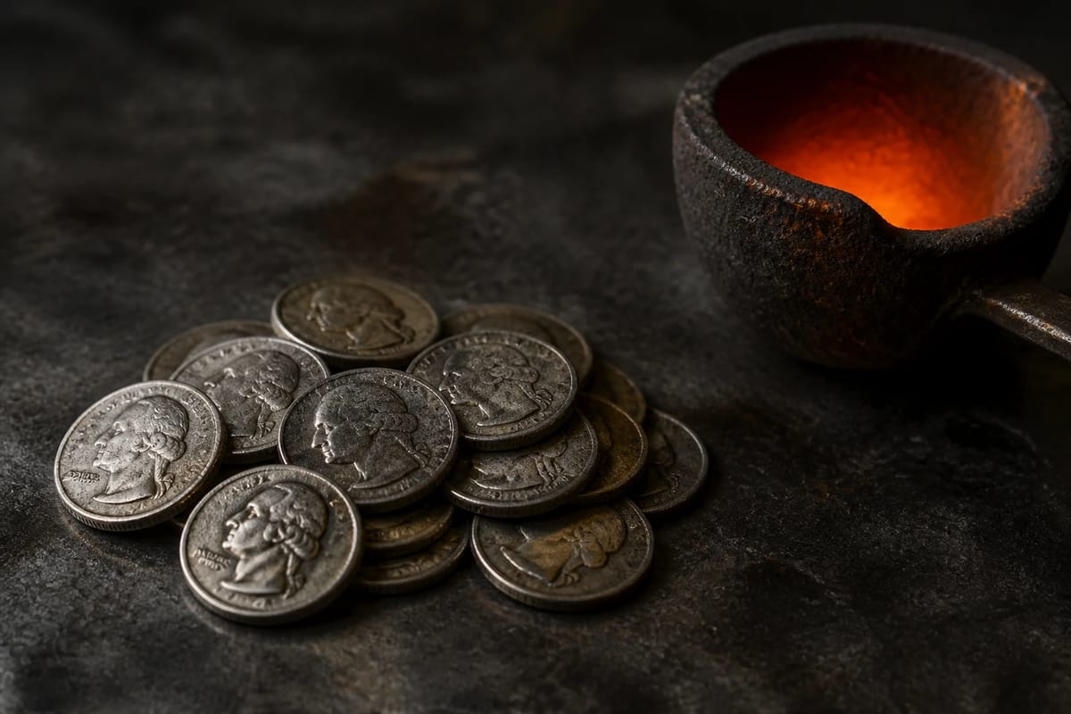 A glowing crucible and the worn quarters kept safely away from it
