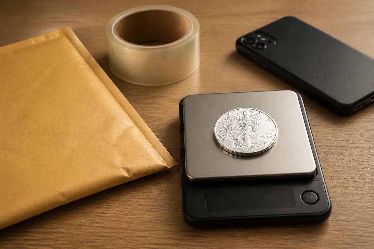 A coin on a postal scale with packing supplies — ready to sell