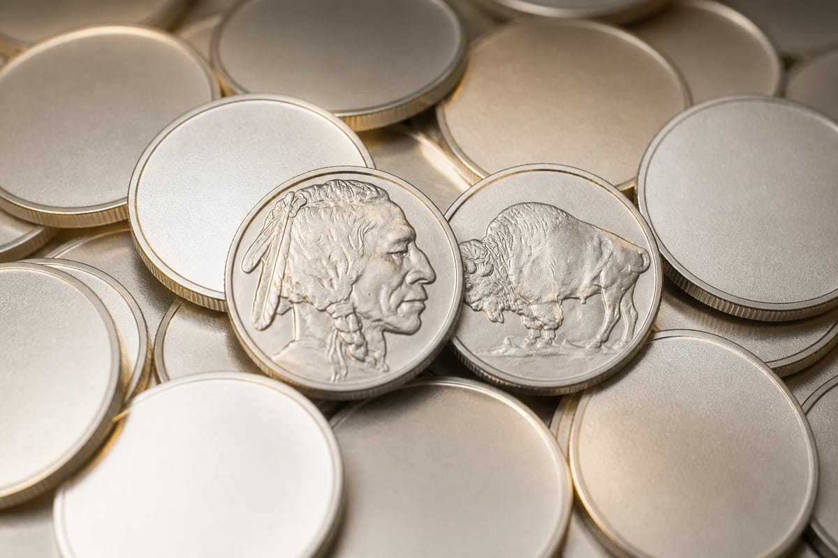 A pile of generic silver rounds, buffalo design on top