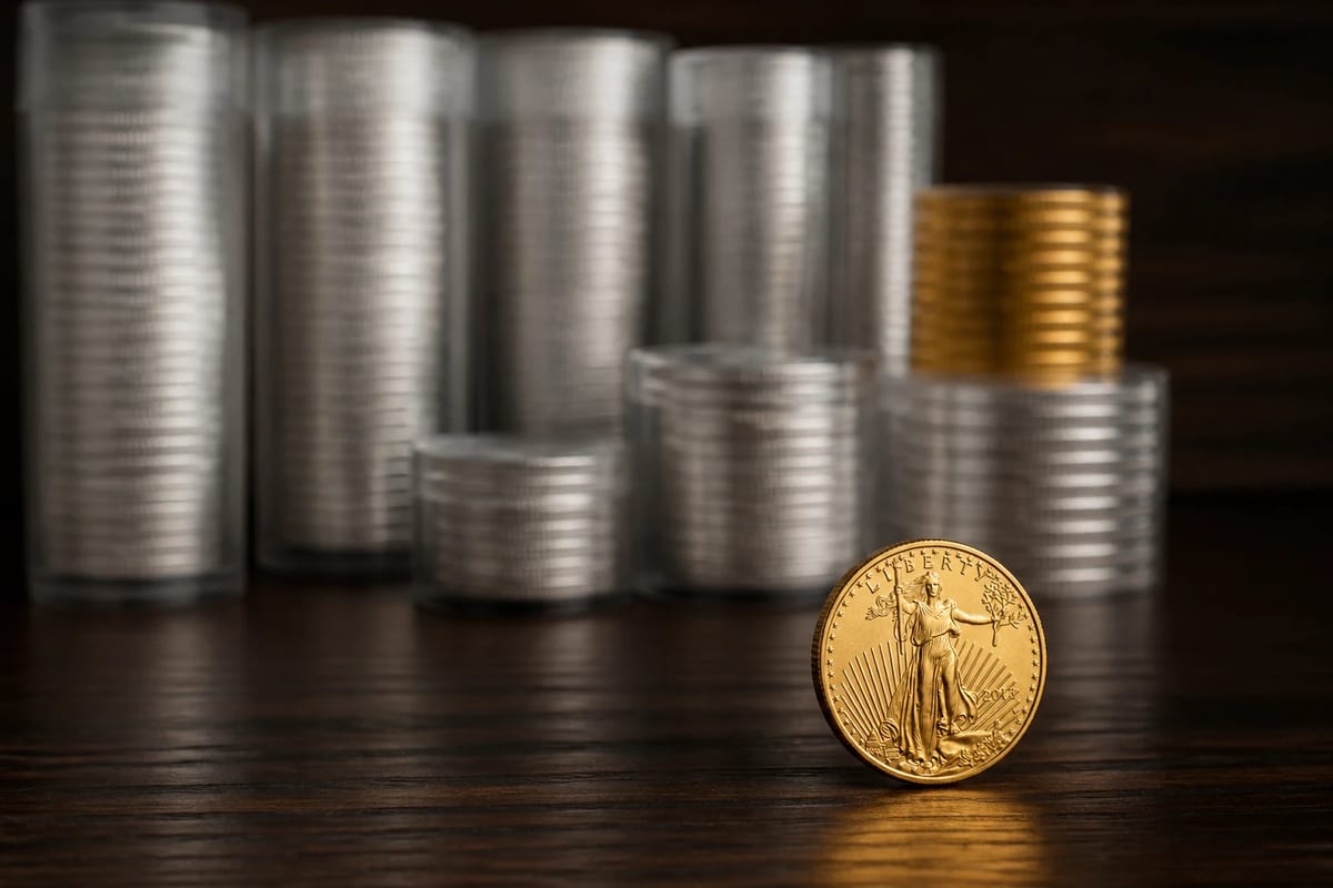 A tiny gold coin in focus before a blurred silver stack — the transition begins